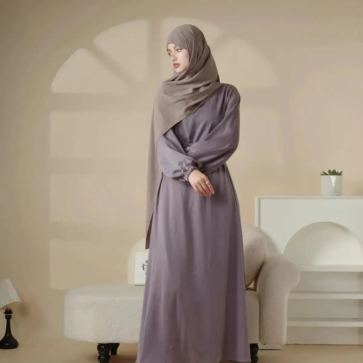 MA031 Puff Sleeve Satin Abaya with Pockets 2-Piece Set