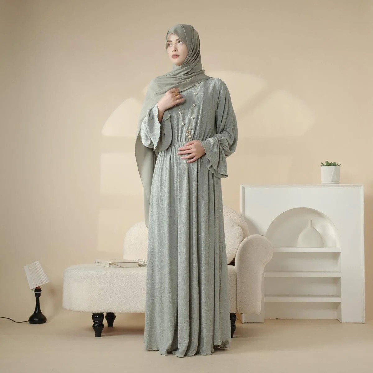 MA038 Pleated Sparkle Abaya Dress