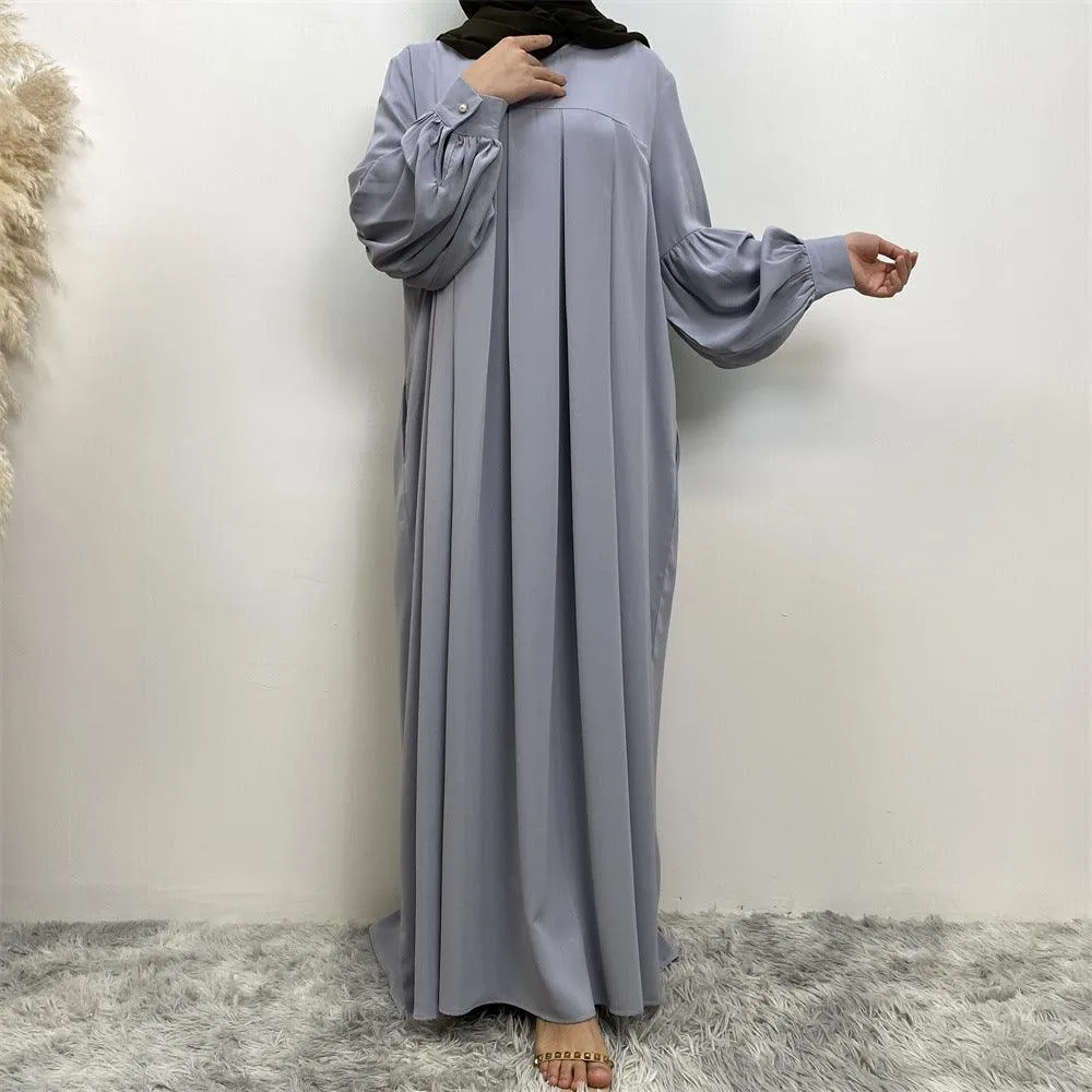 MA065 Round Neck Solid Color Ruffled Abaya With Pockets