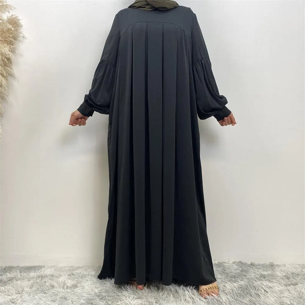 MA065 Round Neck Solid Color Ruffled Abaya With Pockets