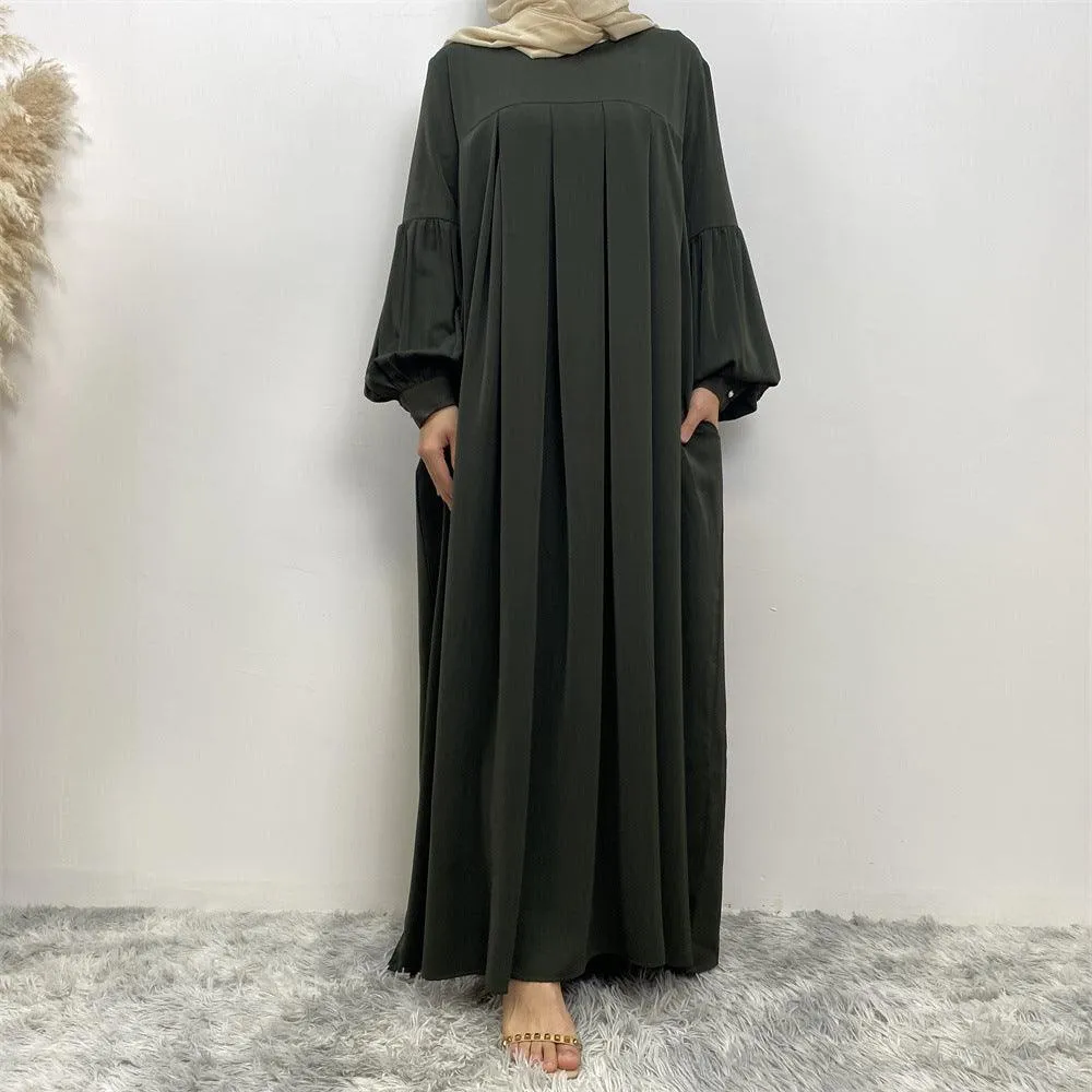 MA065 Round Neck Solid Color Ruffled Abaya With Pockets