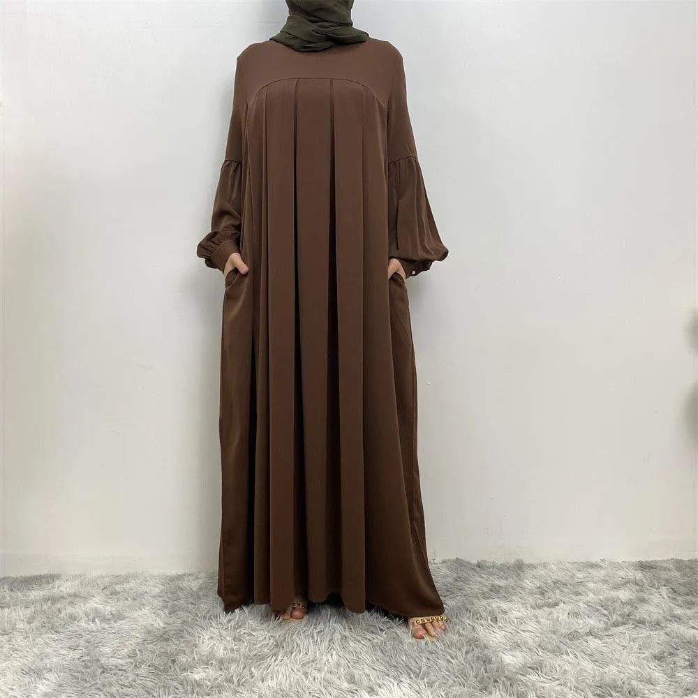 MA065 Round Neck Solid Color Ruffled Abaya With Pockets