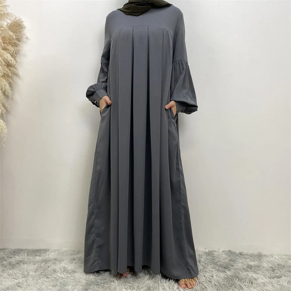 MA065 Round Neck Solid Color Ruffled Abaya With Pockets