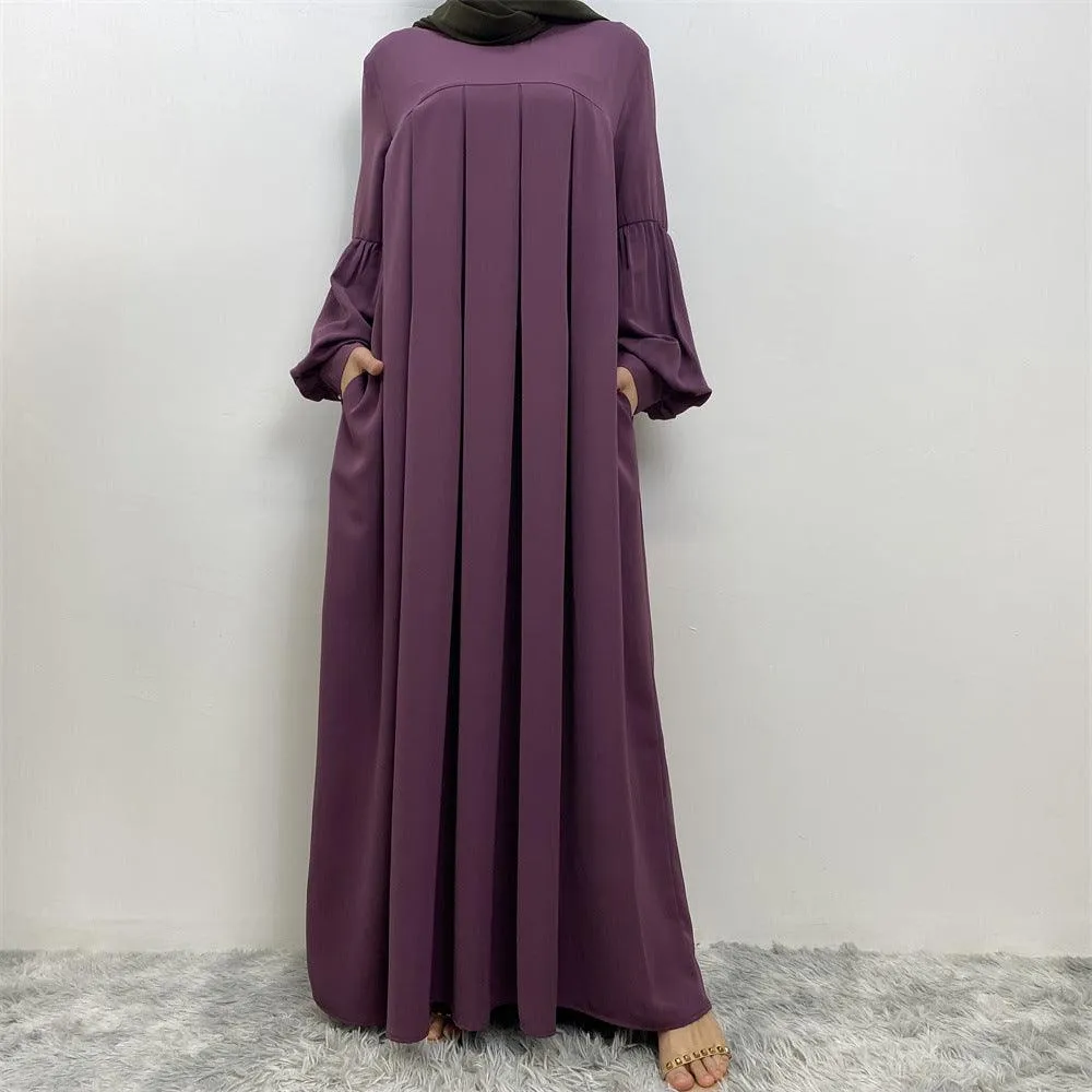 MA065 Round Neck Solid Color Ruffled Abaya With Pockets