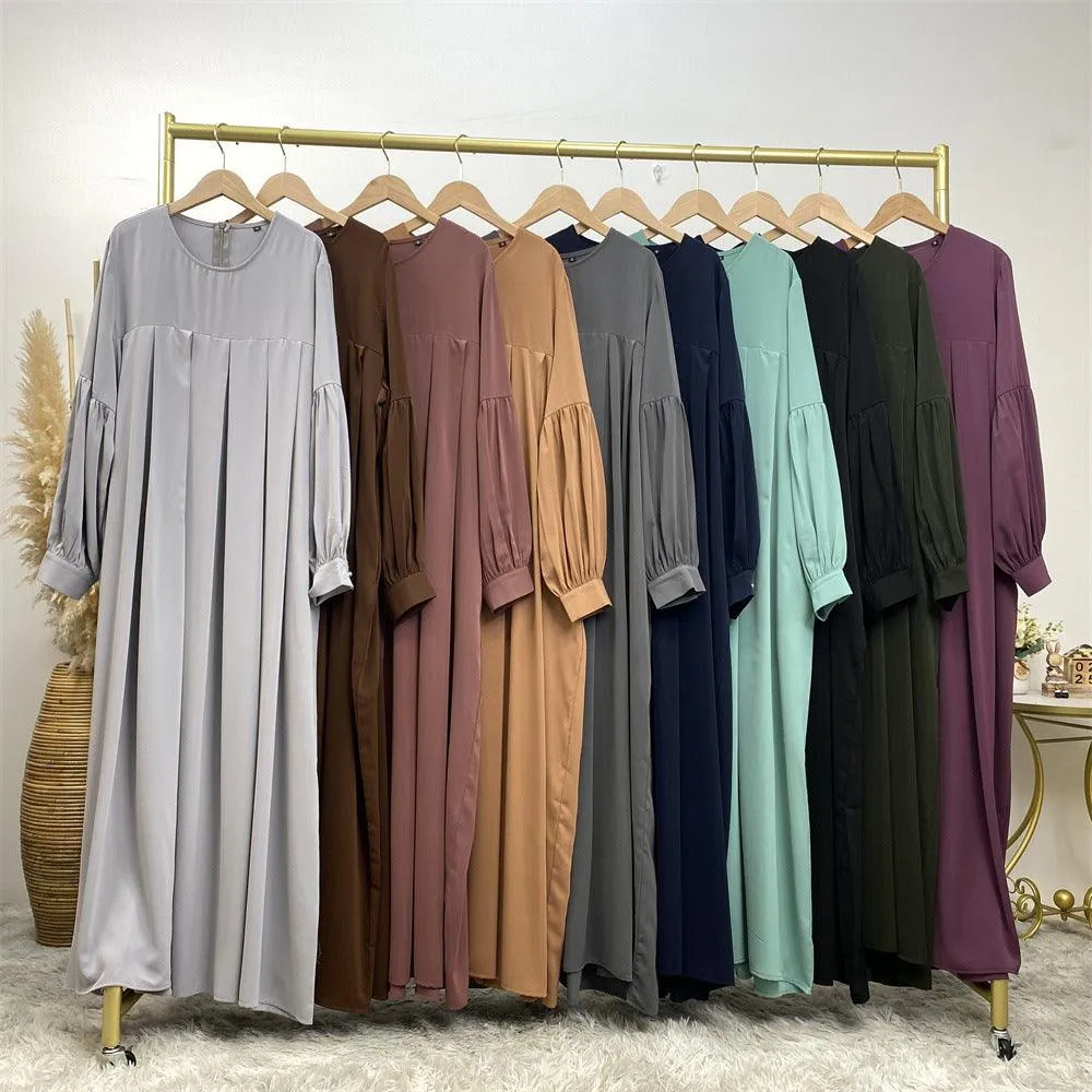 MA065 Round Neck Solid Color Ruffled Abaya With Pockets