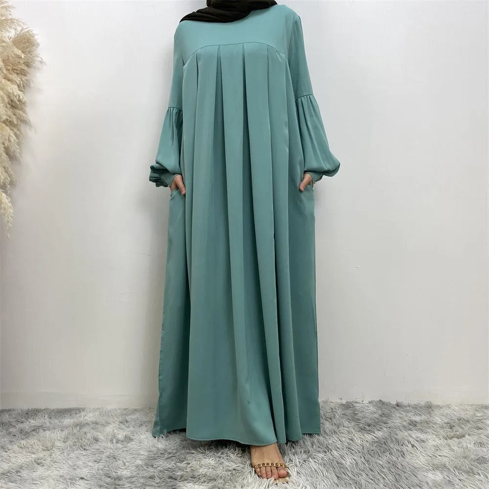 MA065 Round Neck Solid Color Ruffled Abaya With Pockets