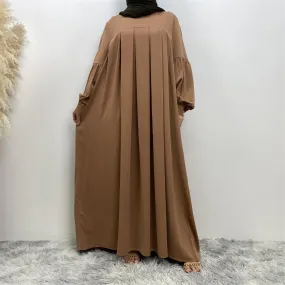 MA065 Round Neck Solid Color Ruffled Abaya With Pockets