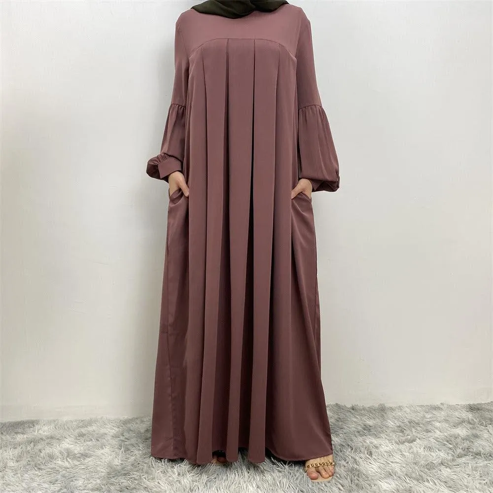 MA065 Round Neck Solid Color Ruffled Abaya With Pockets