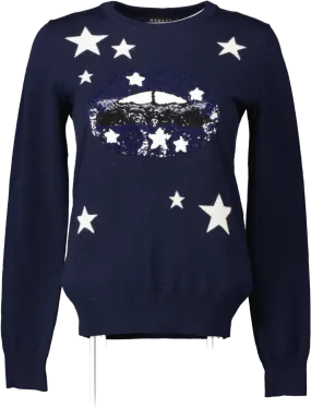 Markus Lupfer Navy Blue Star And Sequin Lips 100% Merino Wool Jumper UK S