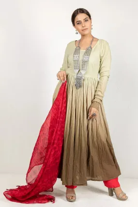 Mehndi Green & Red Cotton Kurta With Dupatta Set