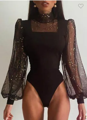 Mesh Sequins Puff Lantern Sleeve Skinny Bodysuit