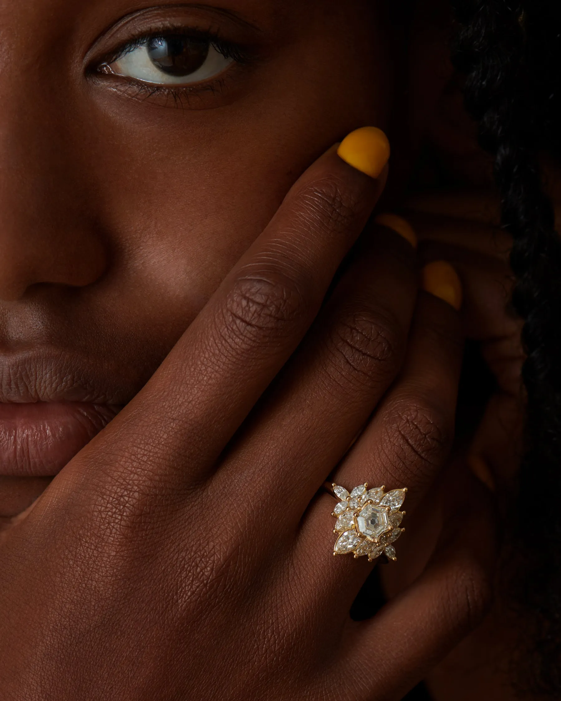 Mirrored Marquise Cluster Engagement Ring with a 1ct Hexagon Diamond Centerpiece