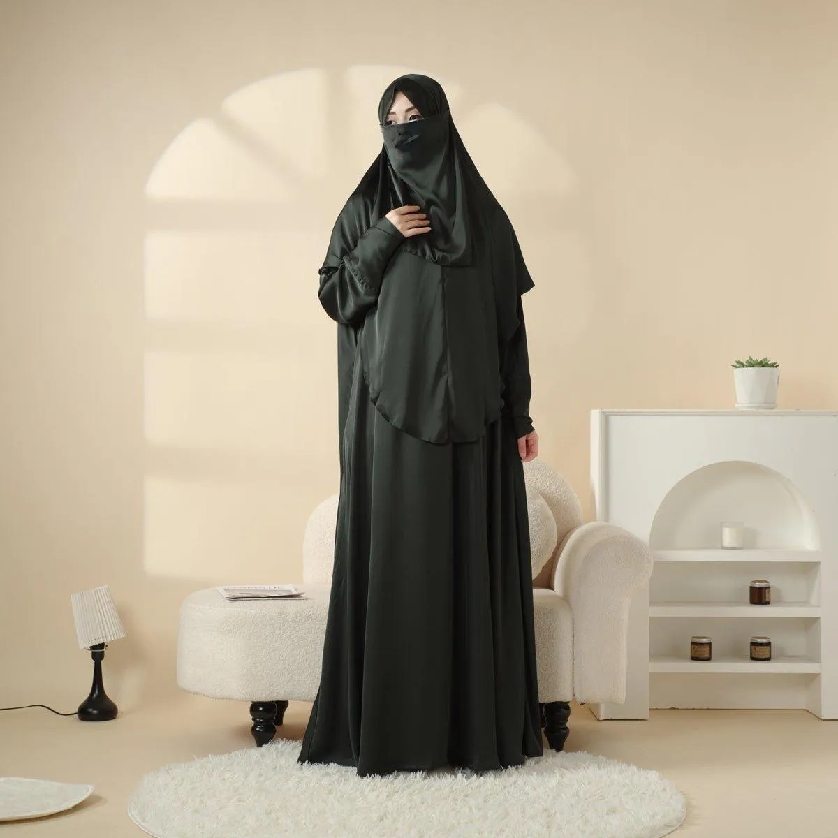 MK016 Satin Niqab Khimar and Abaya 3-Piece Set