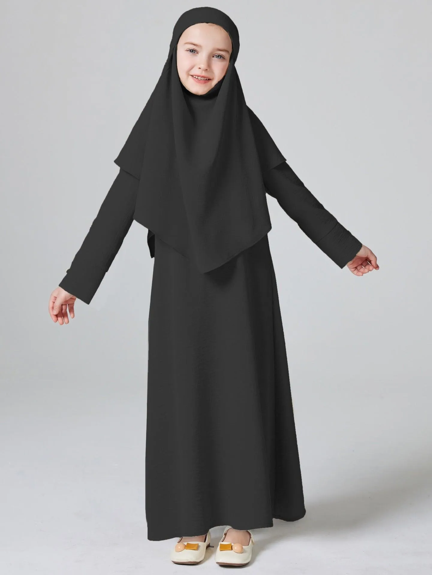 MKG003 Girls Pleated Solid Color Abaya 2-Piece Set