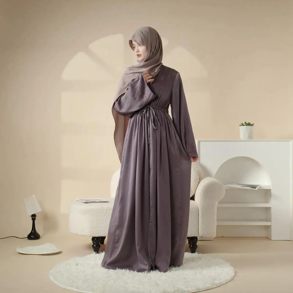 MOA003 Rhinestone Sleeve Pocket Satin Open Abaya