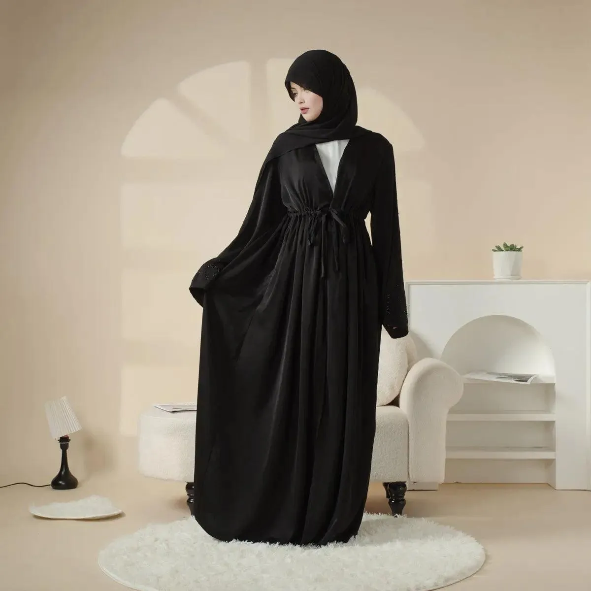 MOA003 Rhinestone Sleeve Pocket Satin Open Abaya