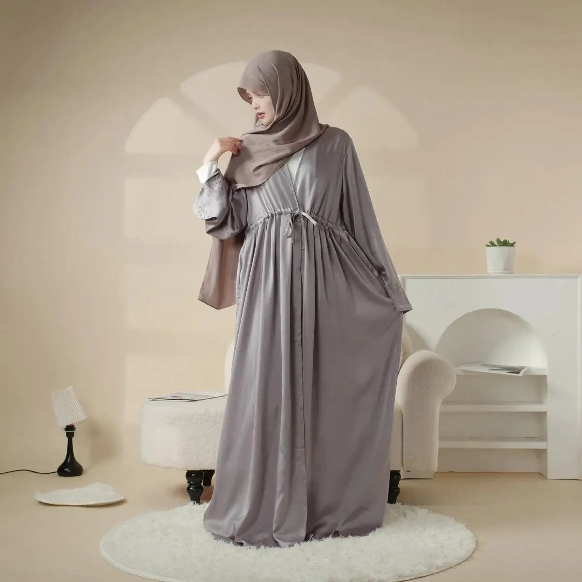 MOA003 Rhinestone Sleeve Pocket Satin Open Abaya