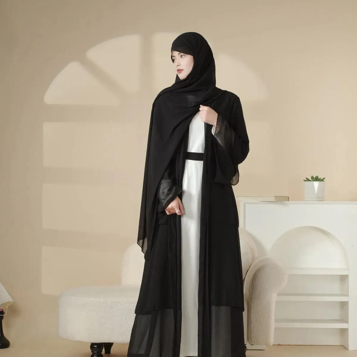 MOA007 Plain 3-Layered Chiffon Open Abaya 3-Piece Set