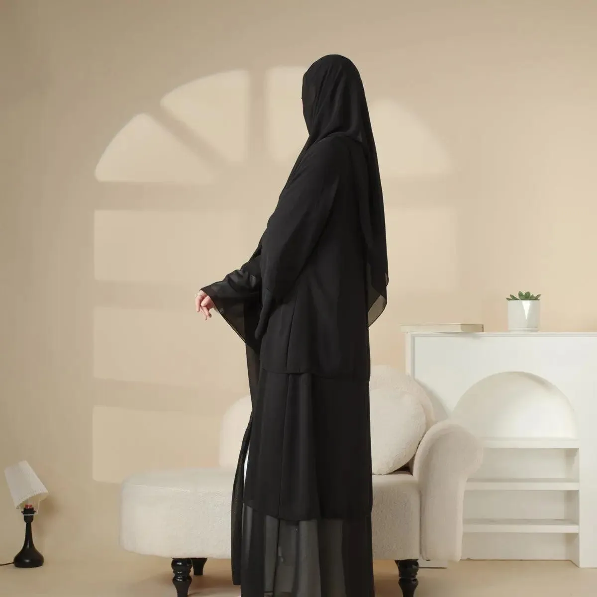 MOA007 Plain 3-Layered Chiffon Open Abaya 3-Piece Set