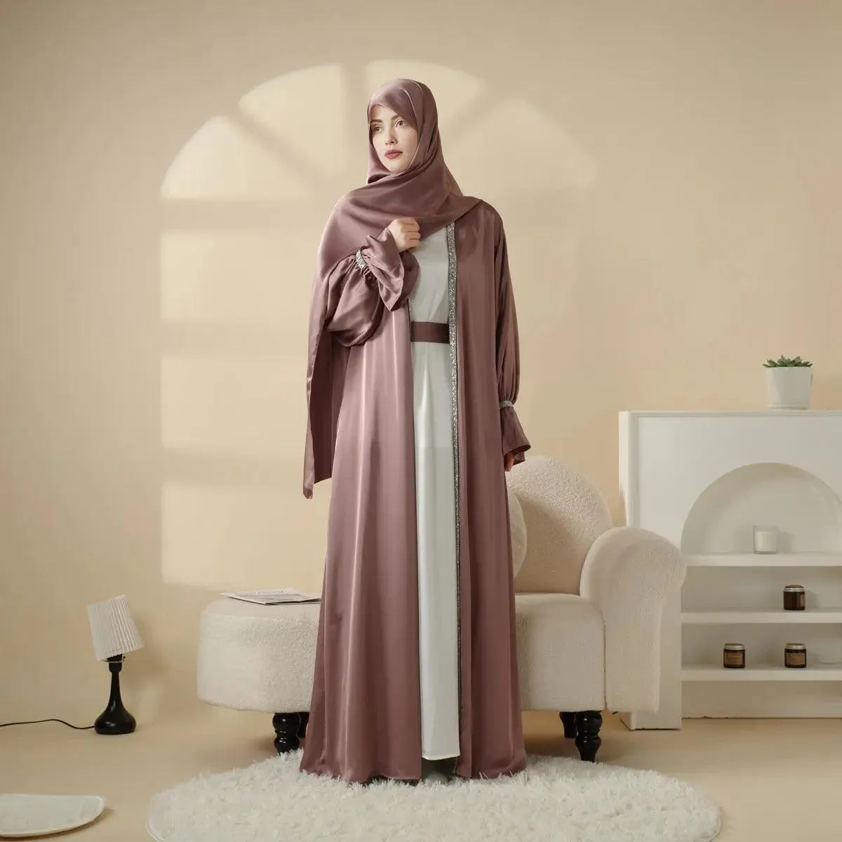 MOA009 Poet Sleeve Satin 4-Piece Abaya Set