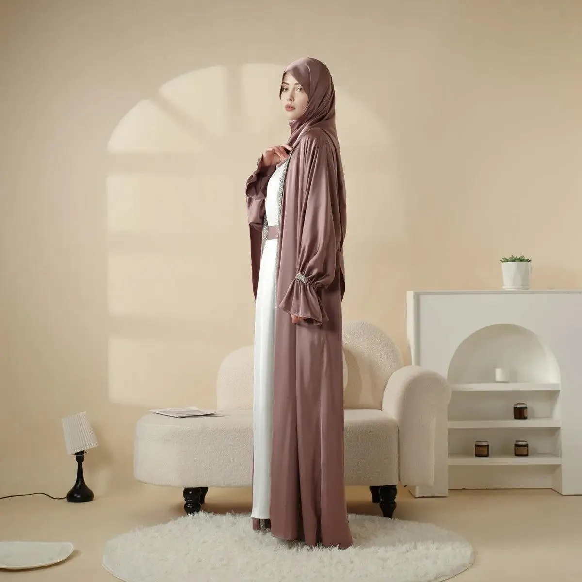 MOA009 Poet Sleeve Satin 4-Piece Abaya Set