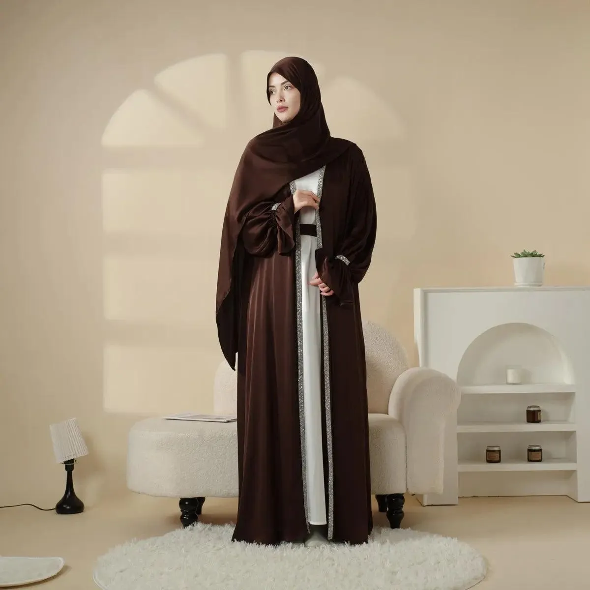 MOA009 Poet Sleeve Satin 4-Piece Abaya Set