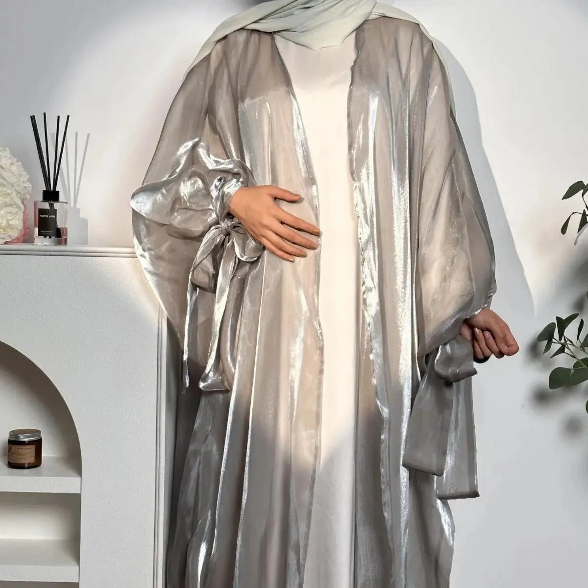 MOA014 Shiny Puff Sleeve Organza Open Abaya