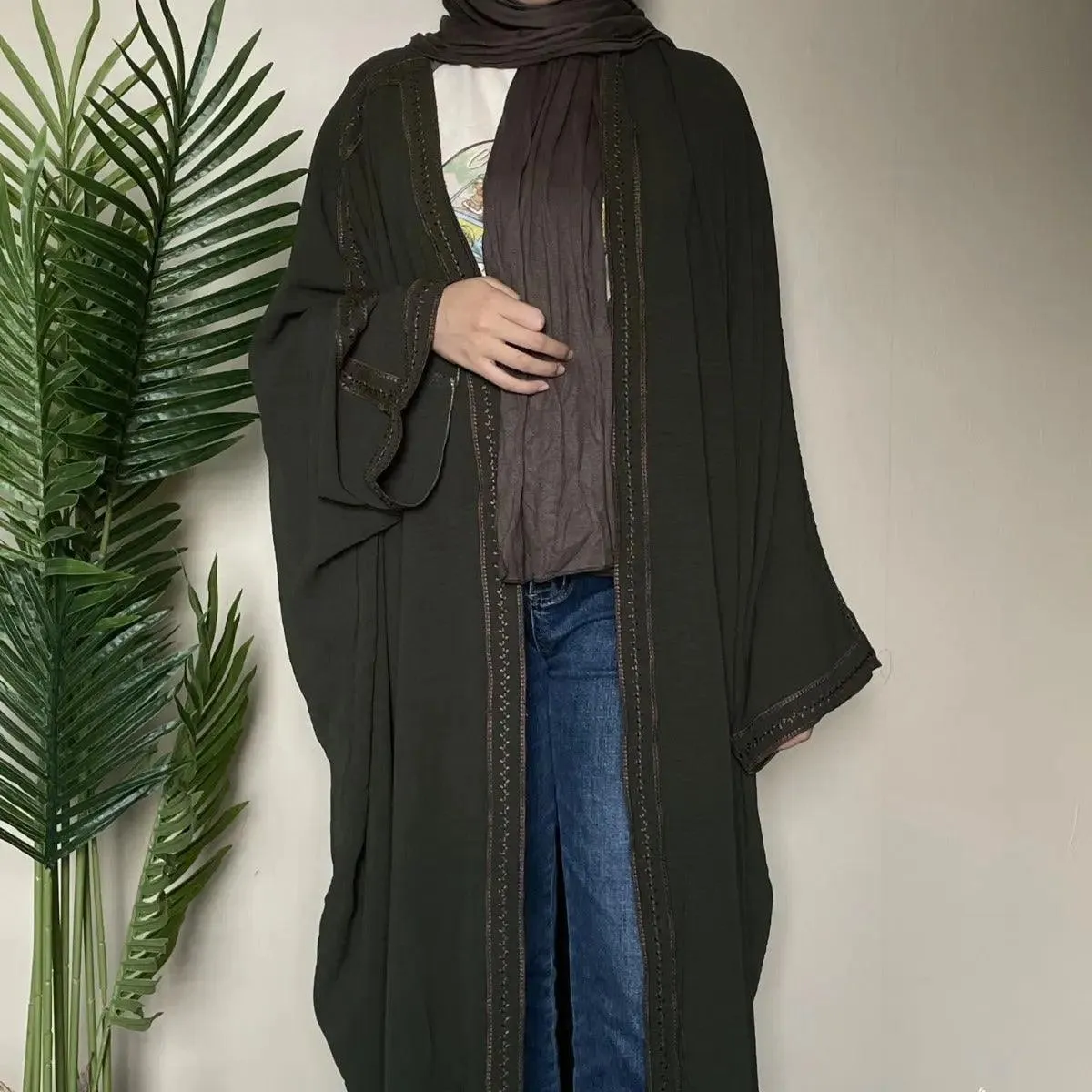 MOA015 Batwing Sleeve Embroidered Open Abaya