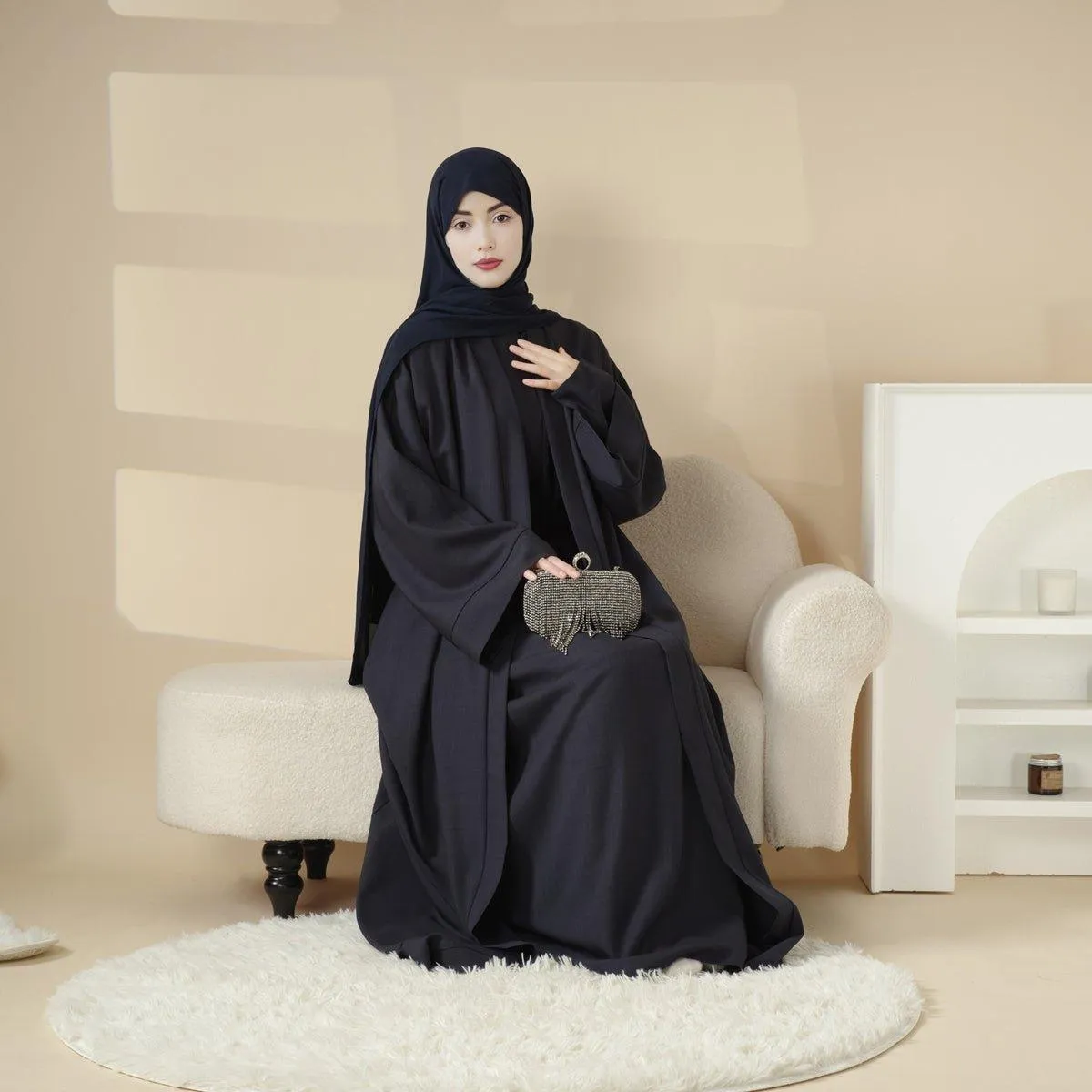 MOA016 Plain Linen Open Abaya 2-Piece Set