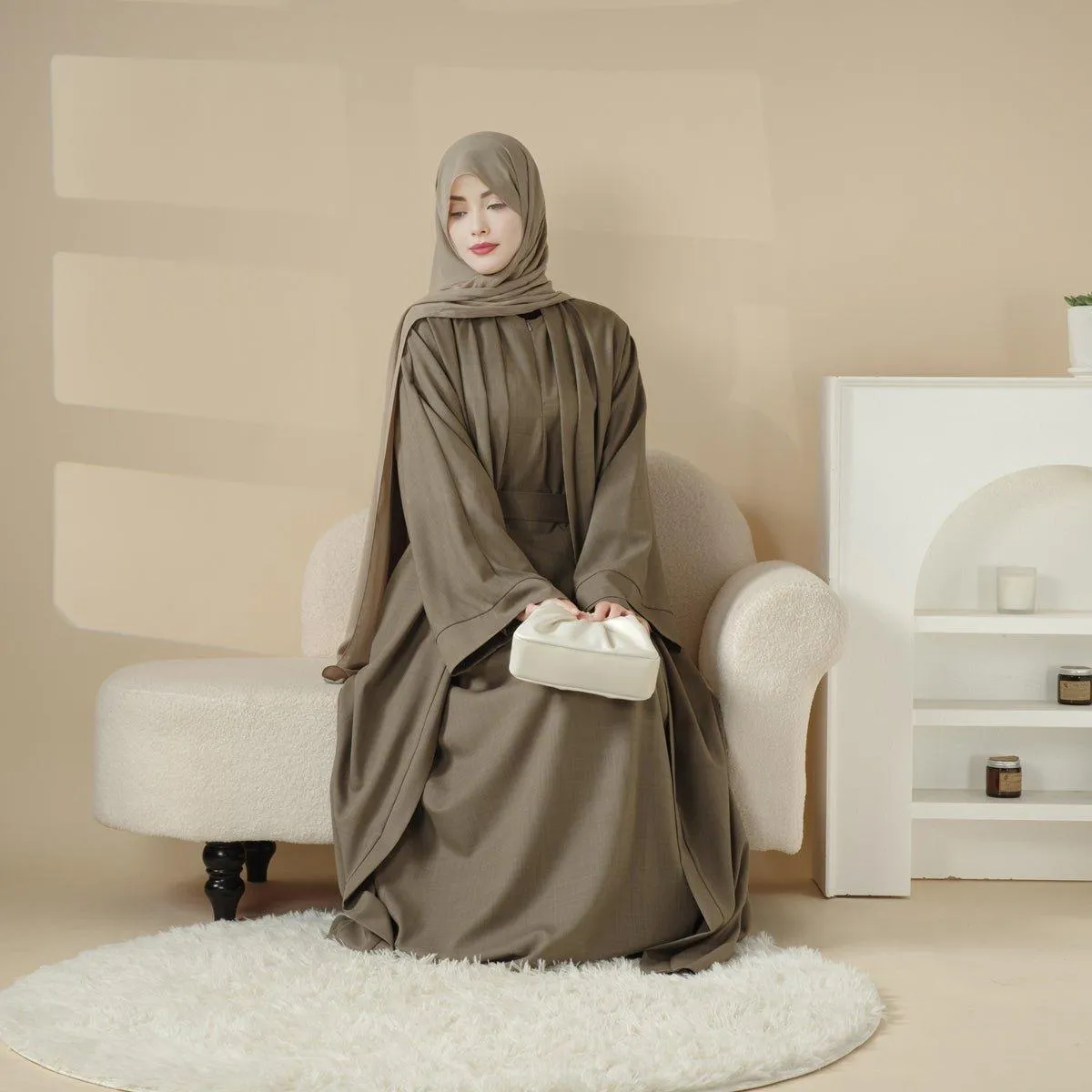 MOA016 Plain Linen Open Abaya 2-Piece Set