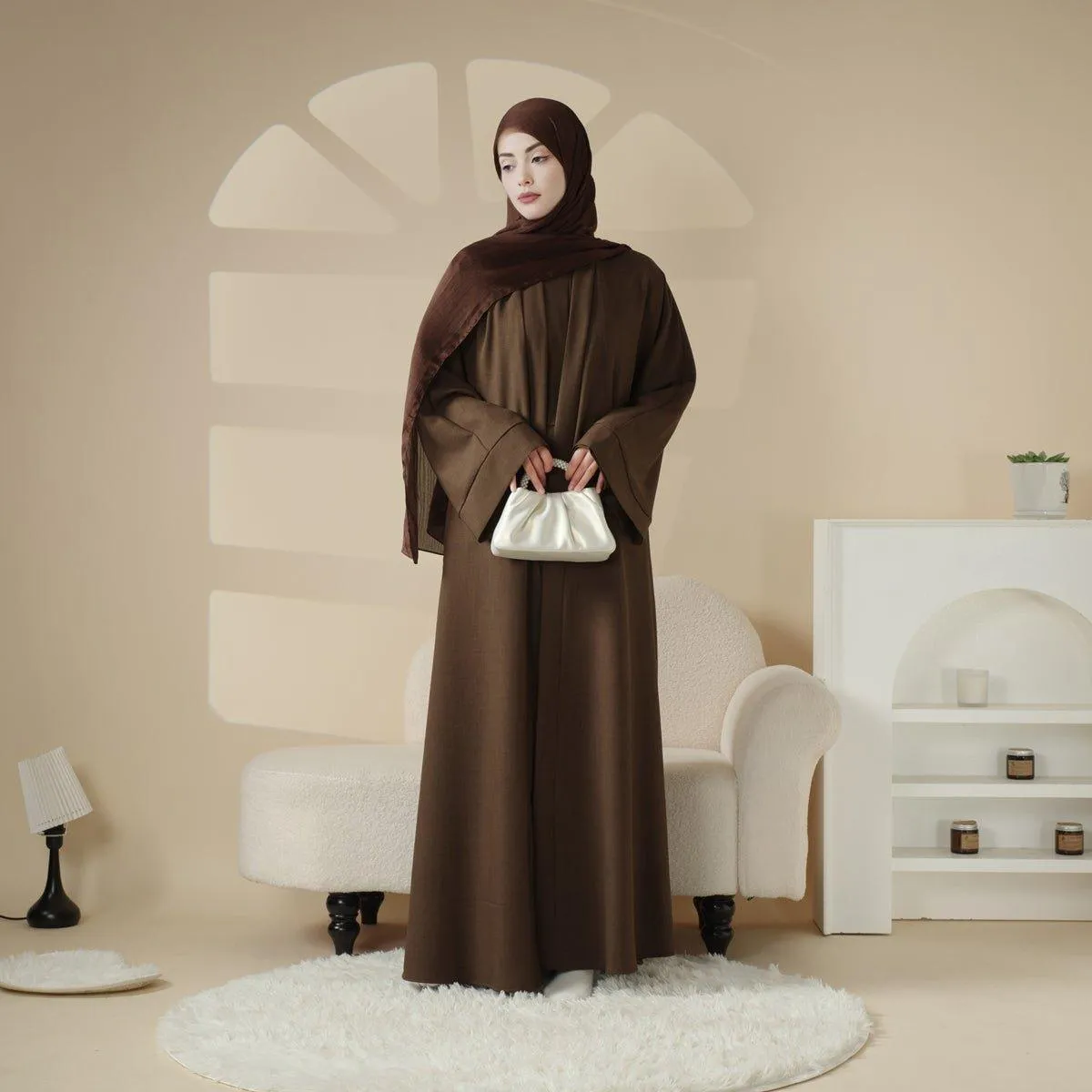 MOA016 Plain Linen Open Abaya 2-Piece Set