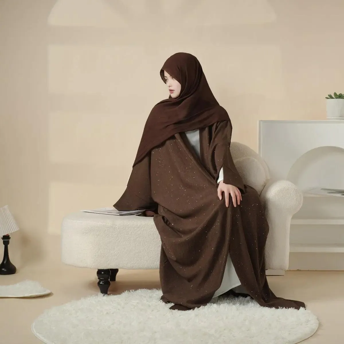 MOA027 Wide Split Sleeve Glittering Ripple Cloth Open Abaya