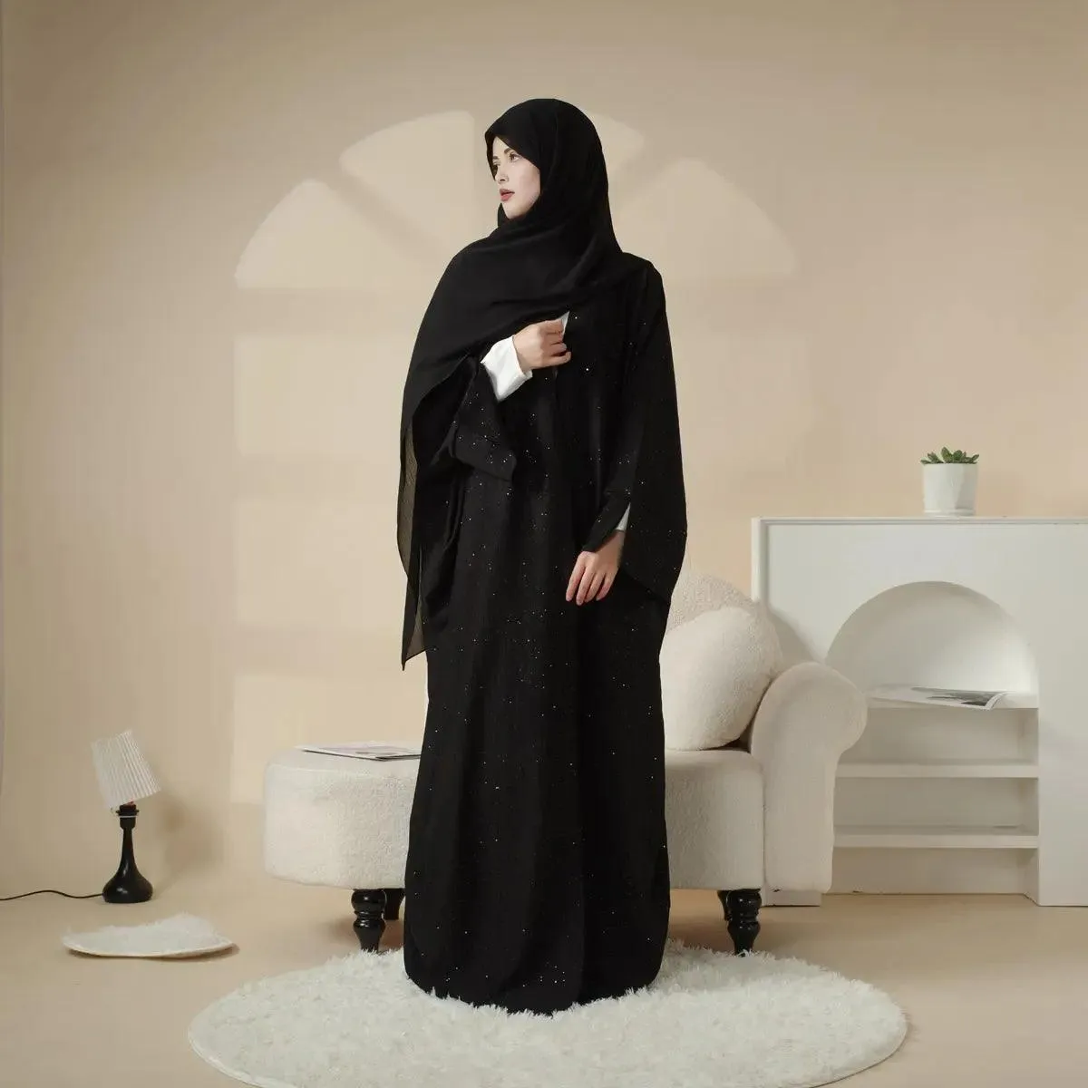 MOA027 Wide Split Sleeve Glittering Ripple Cloth Open Abaya