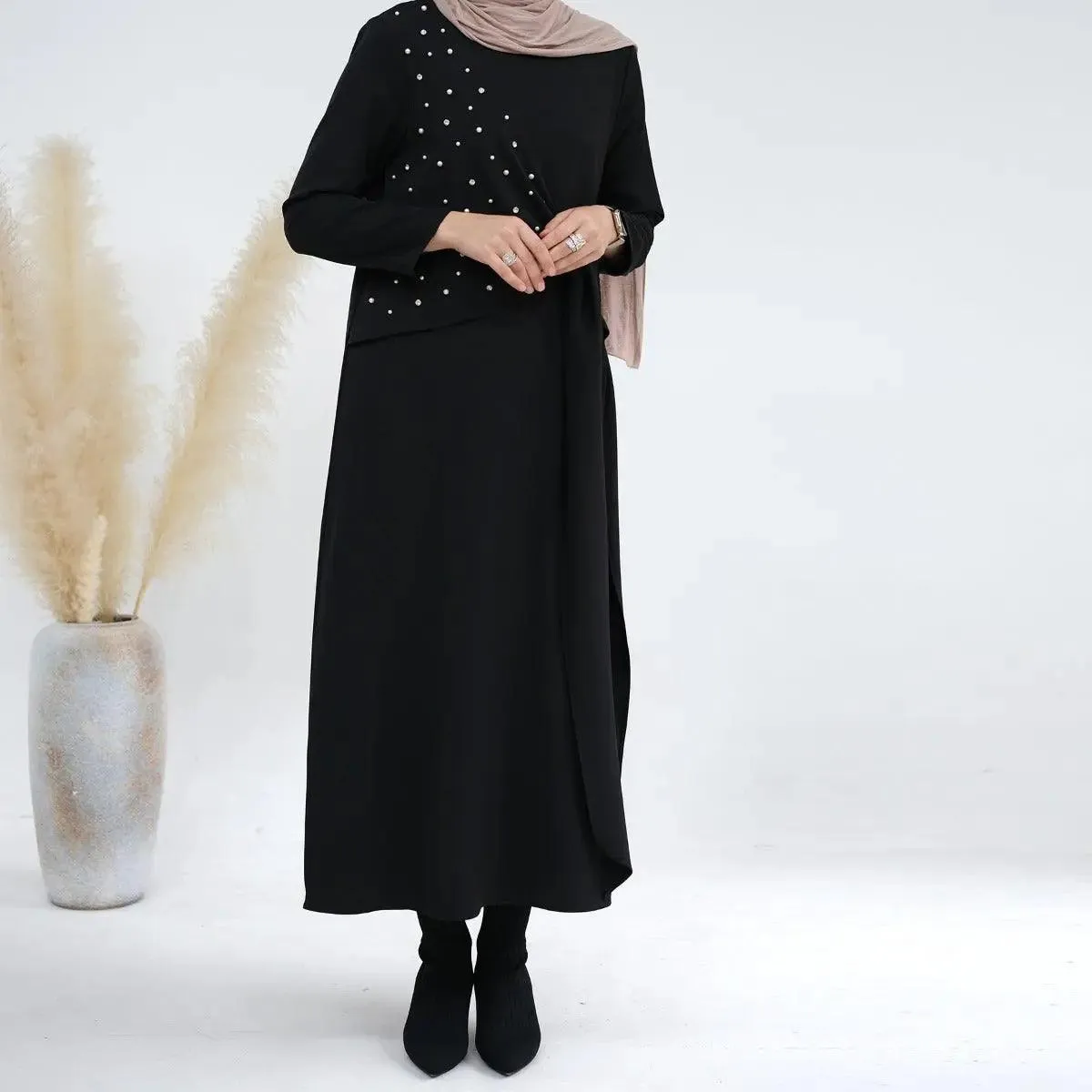 MOA031 Solid Color Pearl Splice Abaya