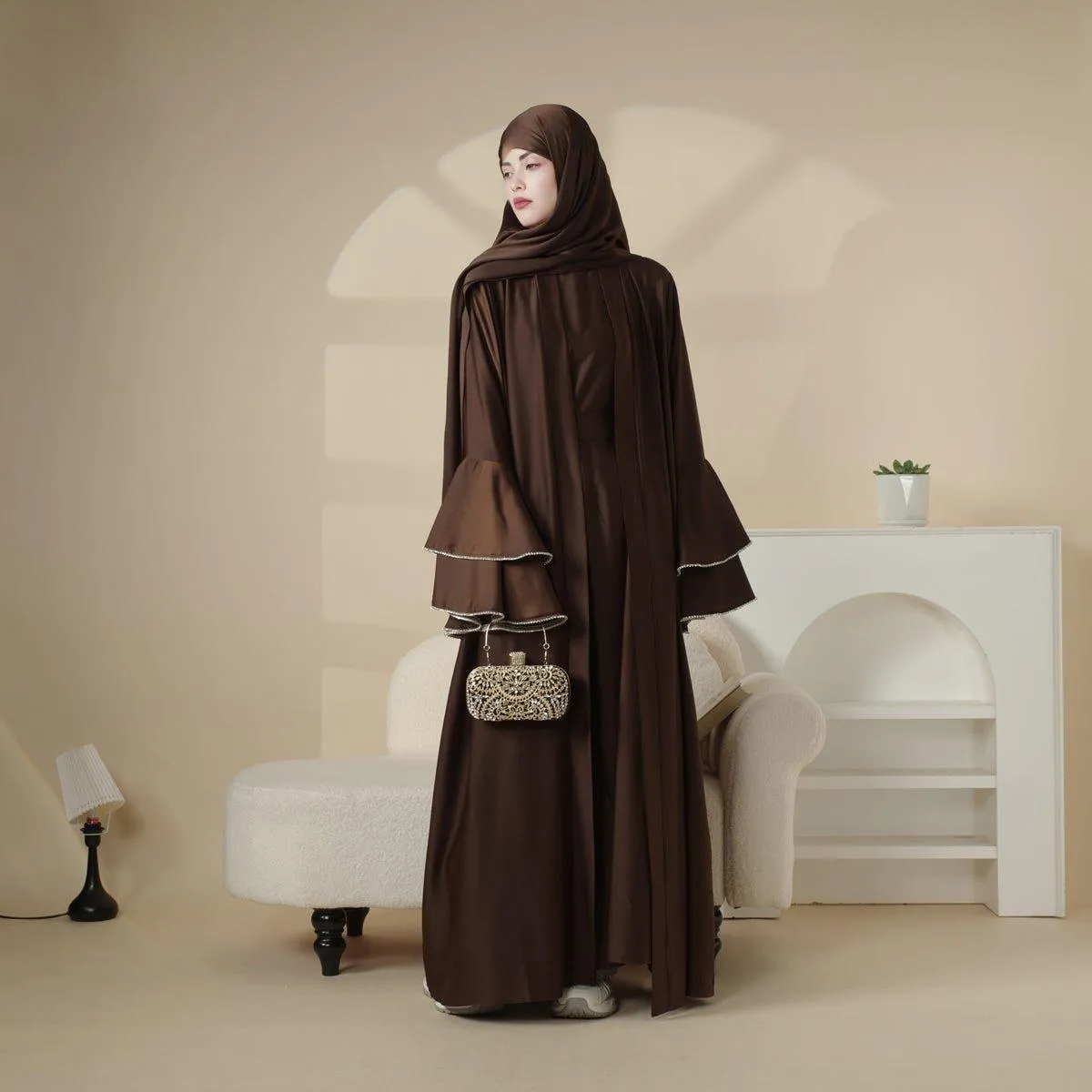 MOA033 Crepe Satin Ruffle Sleeve Abaya Set 5-piece