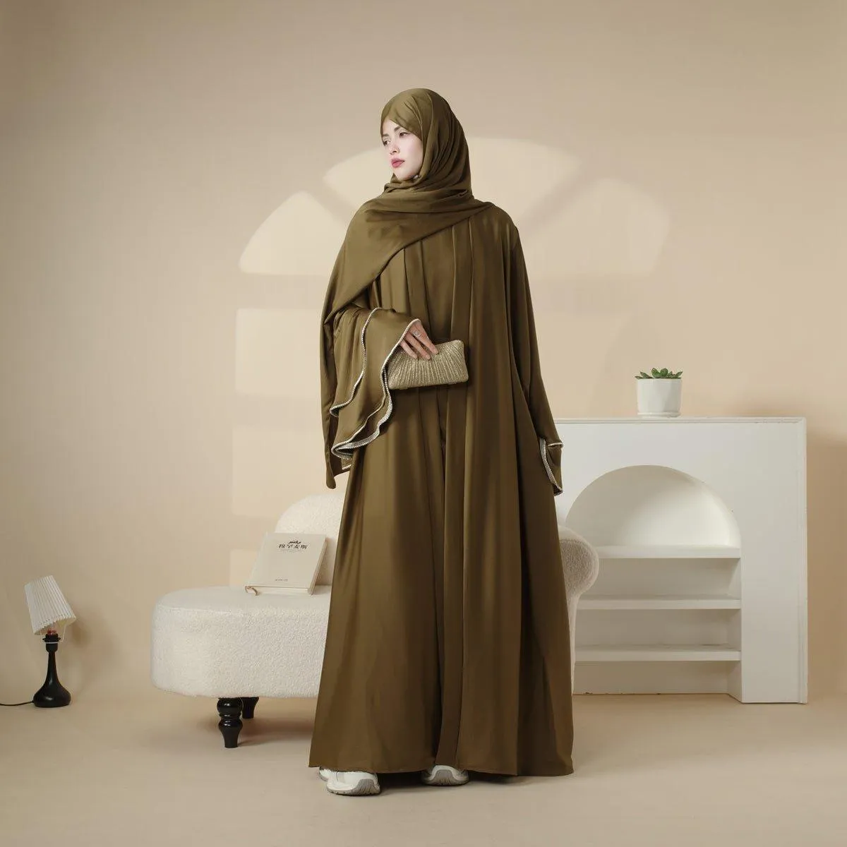 MOA033 Crepe Satin Ruffle Sleeve Abaya Set 5-piece