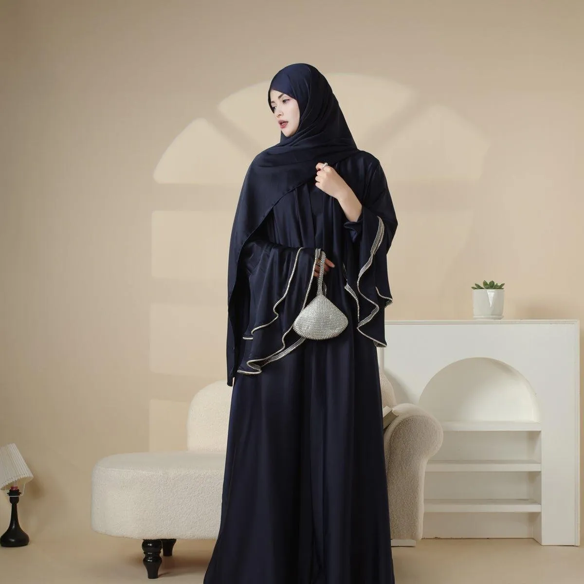 MOA033 Crepe Satin Ruffle Sleeve Abaya Set 5-piece