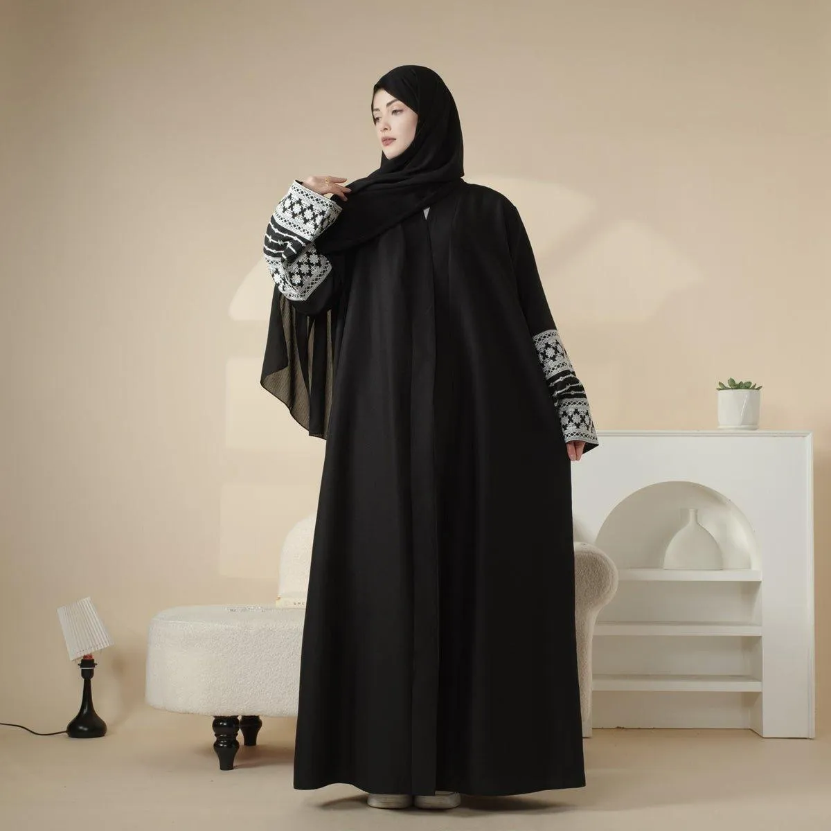 MOA035 Cotton Blend Embroidery Cardigan Open Abaya