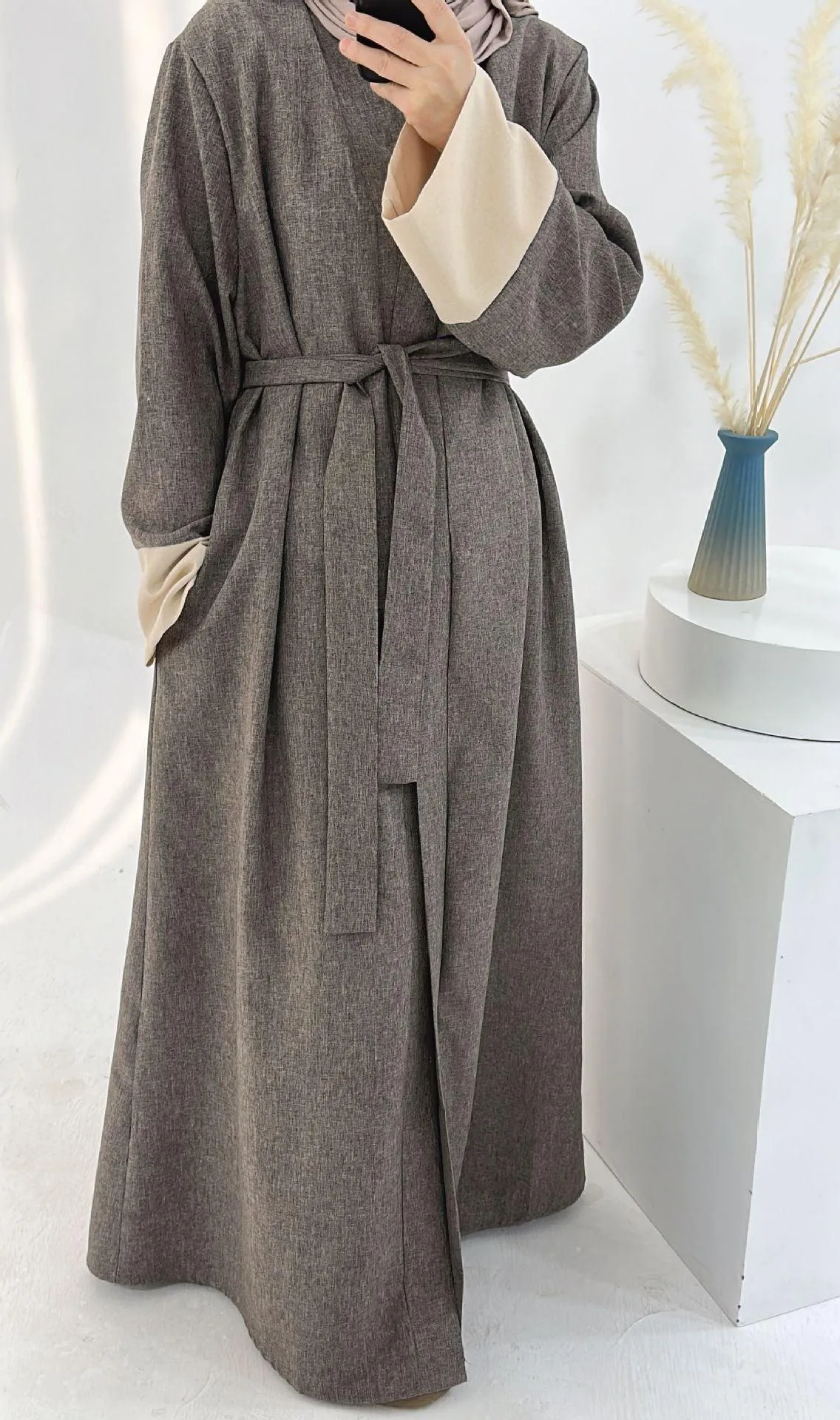 MOA038 Color Blocking Sleeves Maxi Open Abaya