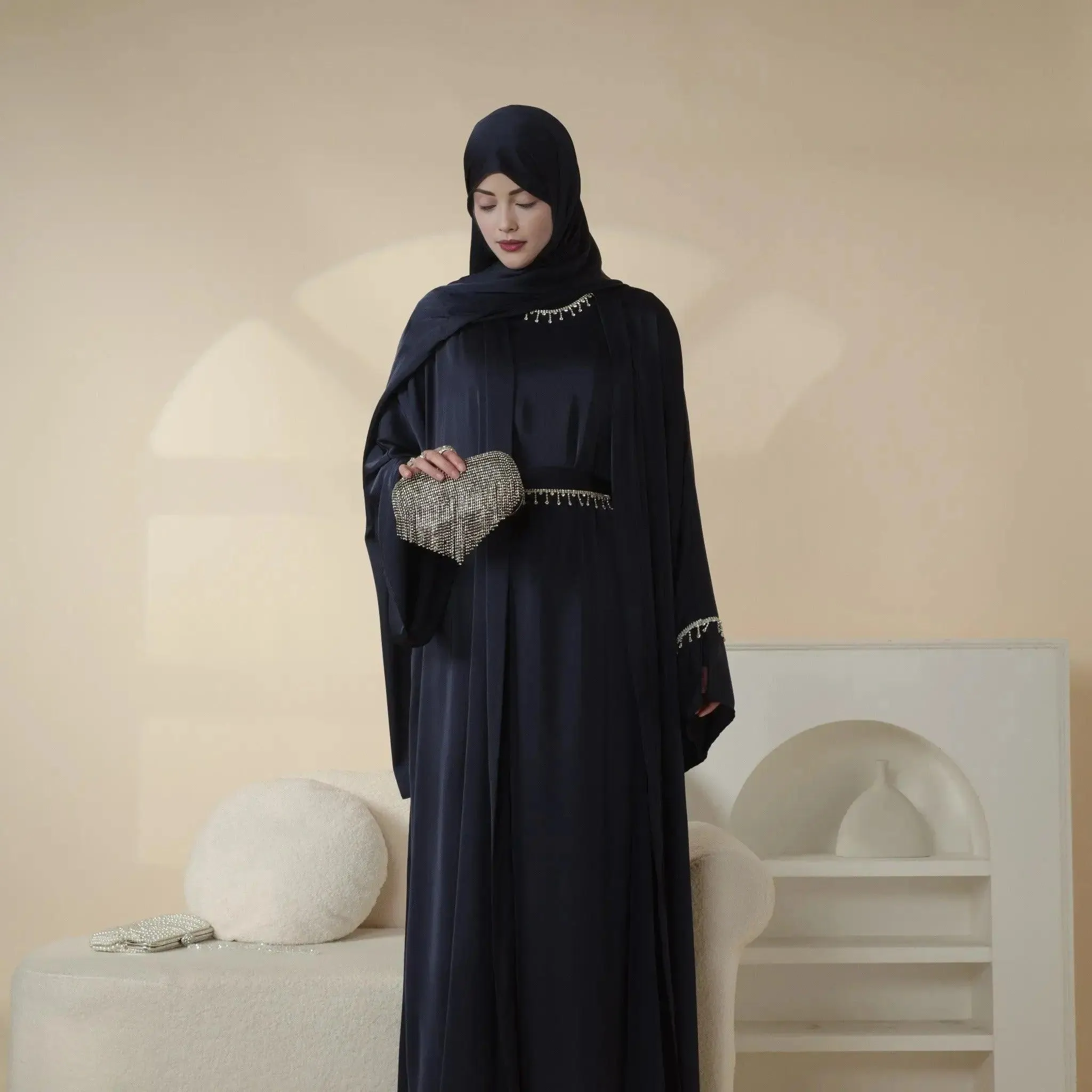 MOA041 Luxury Satin Diamond Tassel Abaya Set 6-Piece