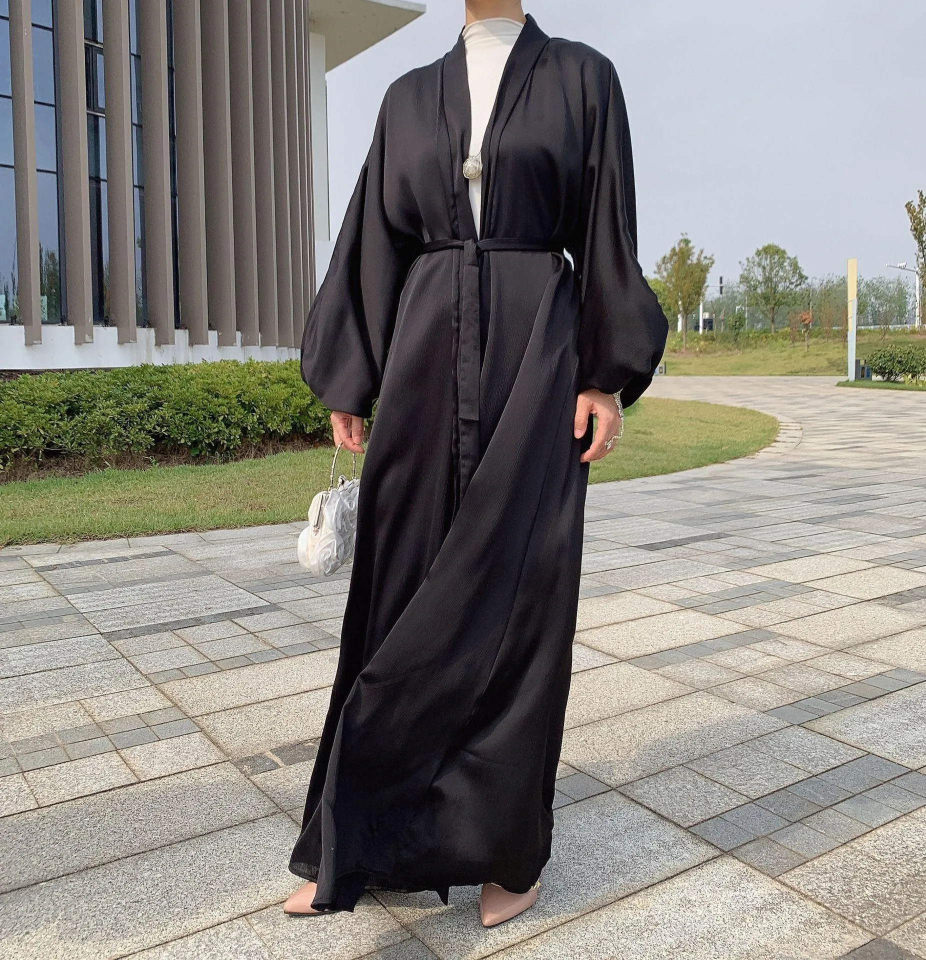 MOA048 Satin Bunched Sleeve Open Abaya