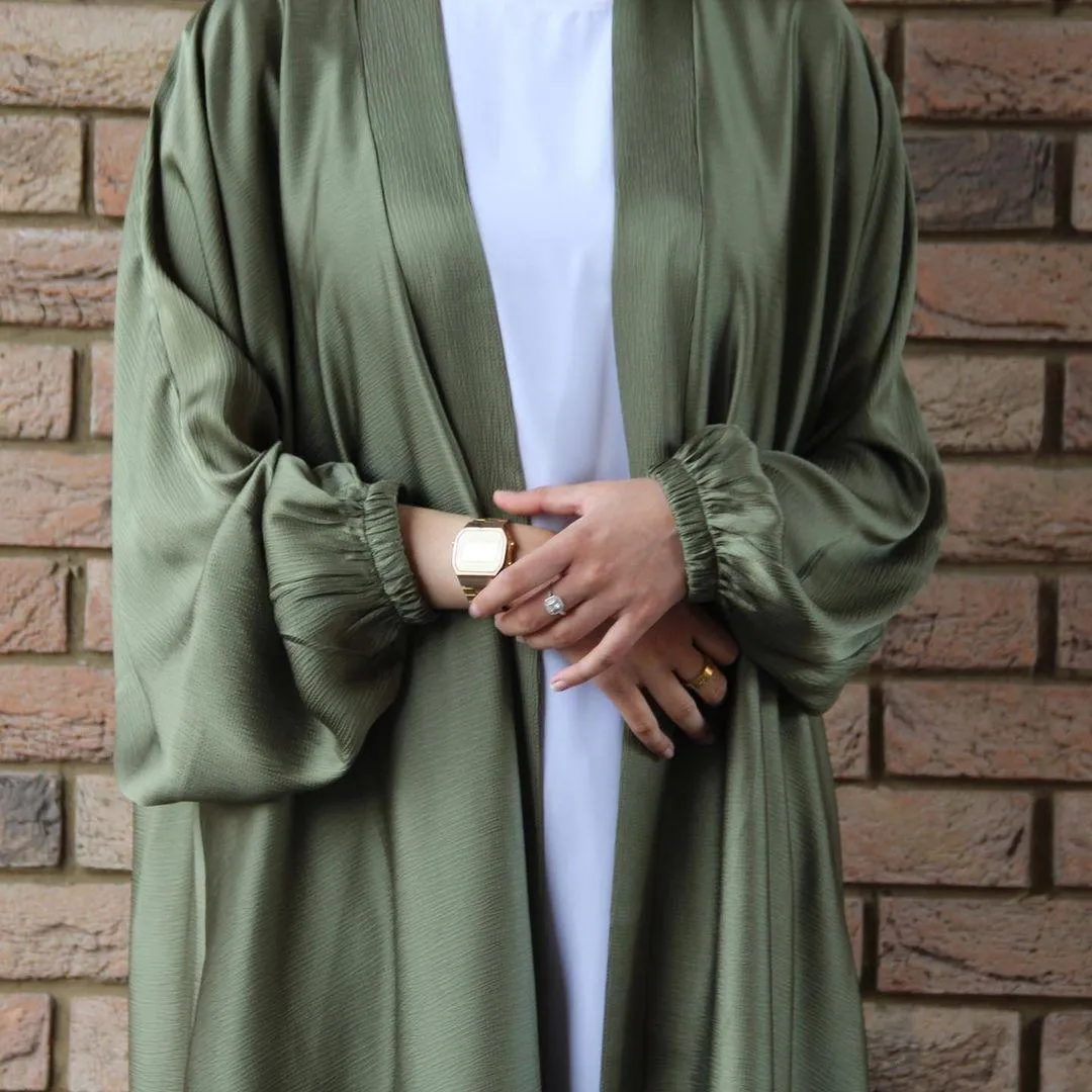 MOA048 Satin Bunched Sleeve Open Abaya