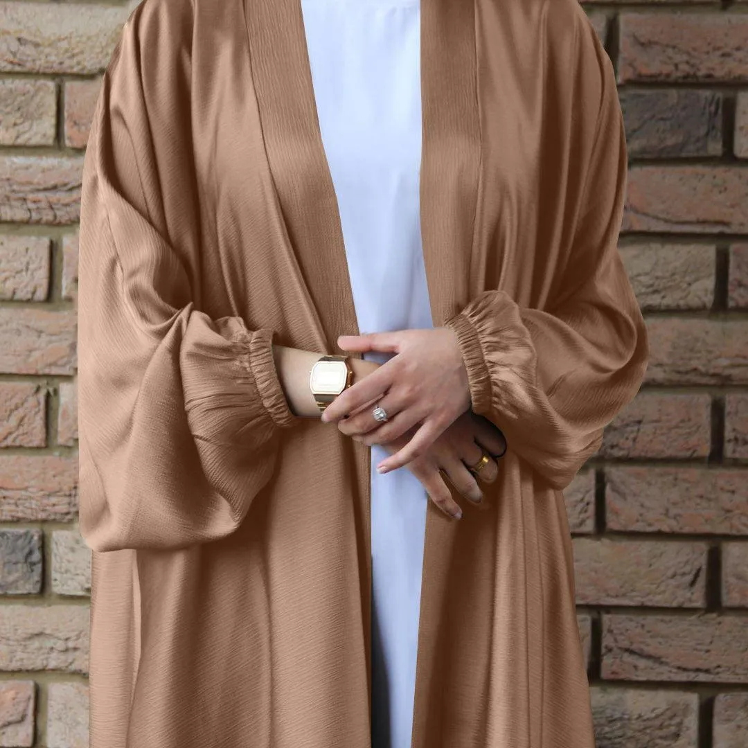 MOA048 Satin Bunched Sleeve Open Abaya