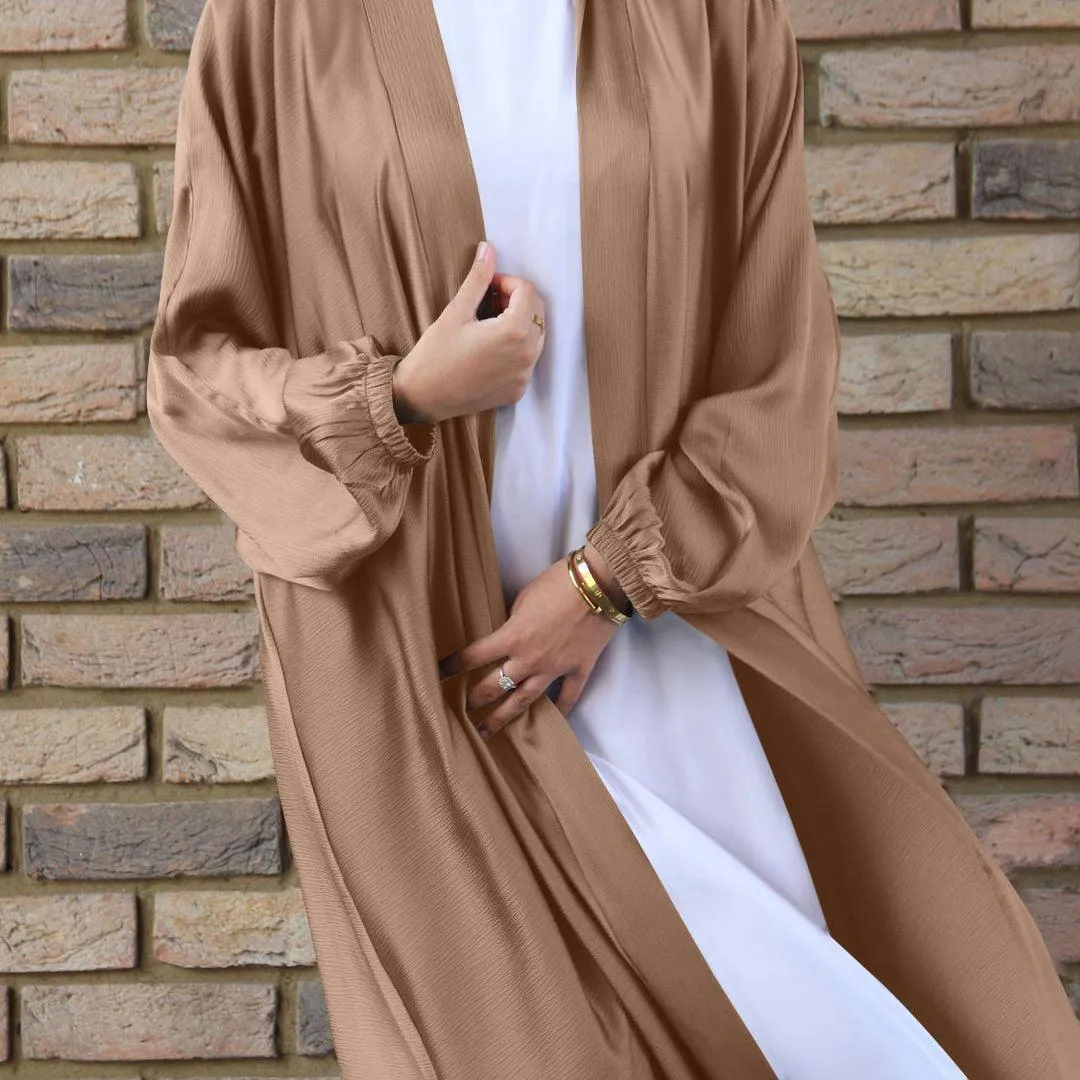 MOA048 Satin Bunched Sleeve Open Abaya