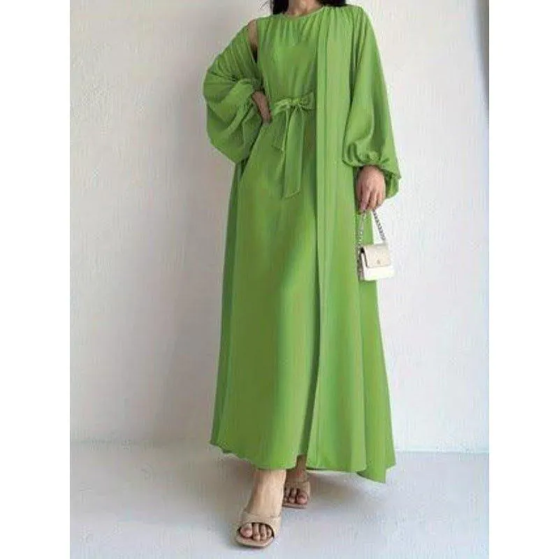 MOA050 Loose Lantern Sleeve Abaya 3-Piece Set