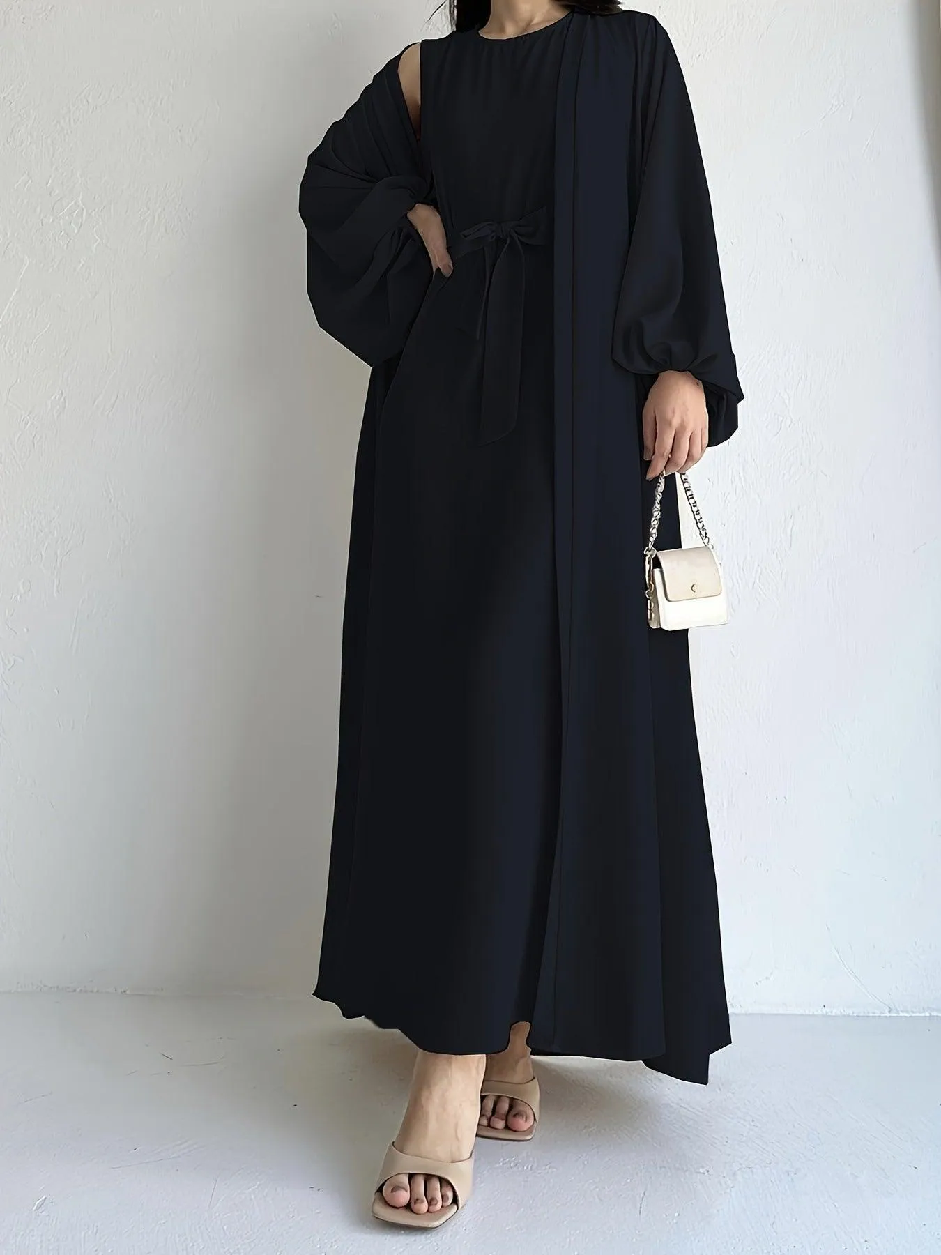 MOA050 Loose Lantern Sleeve Abaya 3-Piece Set