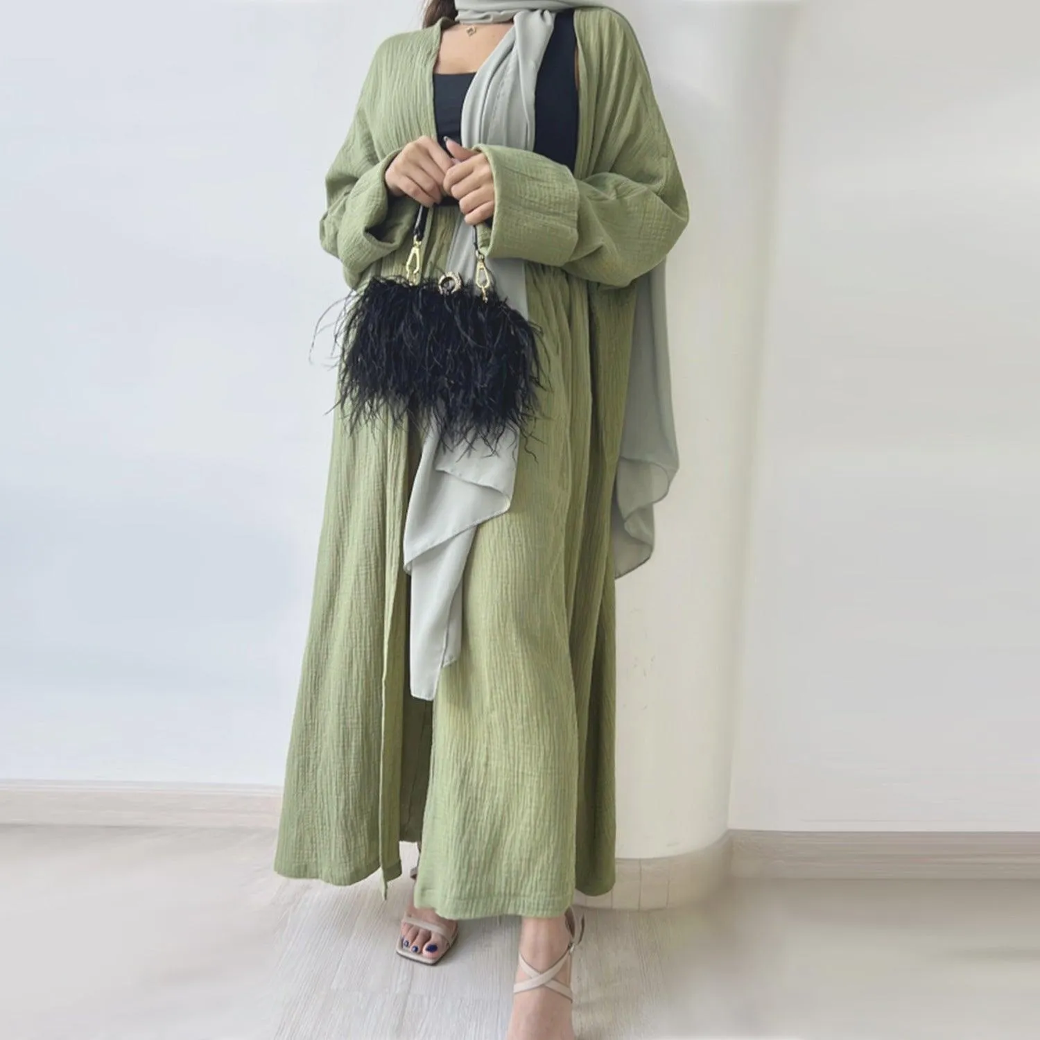 MOA064 Casual Open Abaya With Loose Pants 2-Piece Set