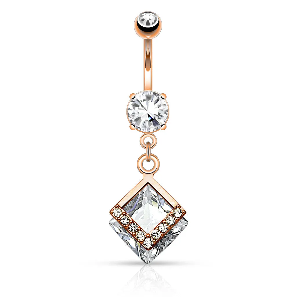 Mounted Diamond Shaped CZ with Paved CZs Dangle Navel Ring