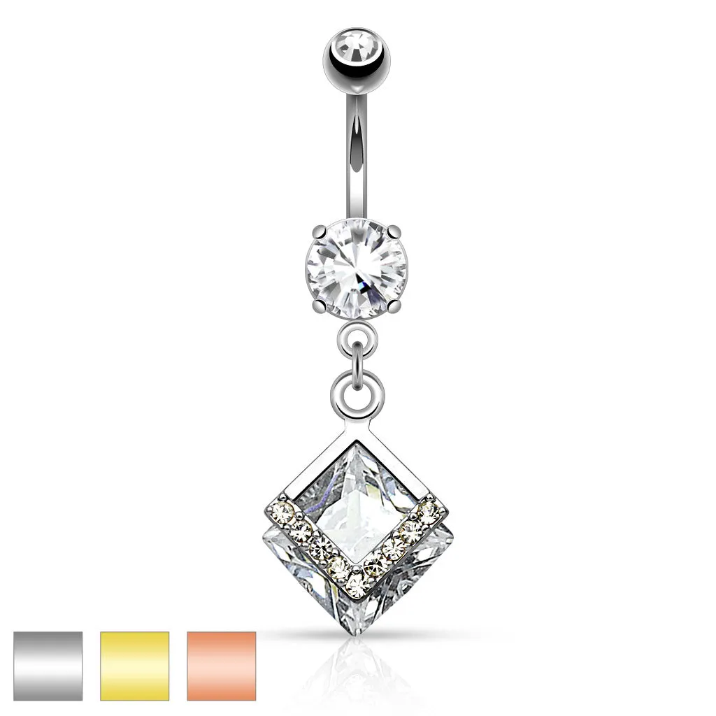 Mounted Diamond Shaped CZ with Paved CZs Dangle Navel Ring