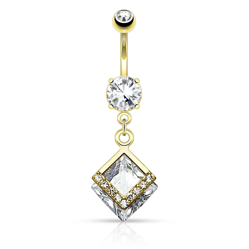 Mounted Diamond Shaped CZ with Paved CZs Dangle Navel Ring